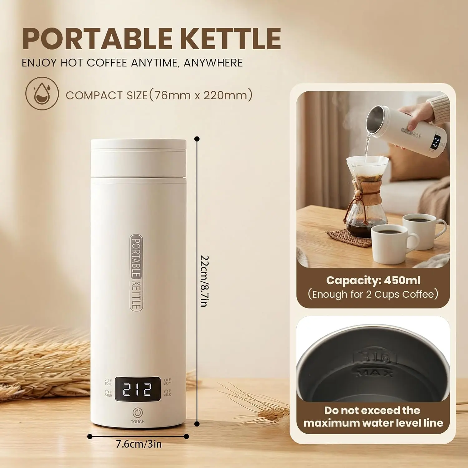 Portable Electric Kettle Travel Electric Kettle (Plug-in version), Mini Tea Coffee Kettle Water Heater with 4 Temperature Controls, Household Appliances for Home Kitchen, Compact Fast Heating Kettle for Daily Use