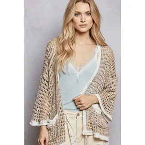 POL Clothing Fishnet Crochet Oversized Colored Trim Open Front Cardigan