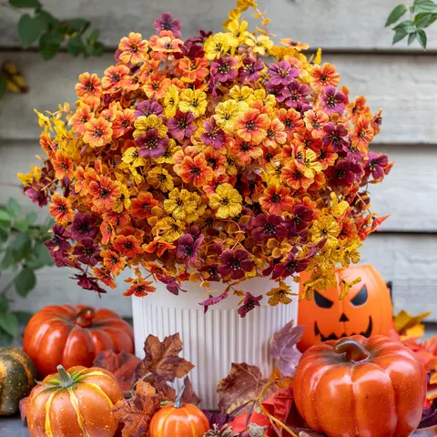 12-Bundle Fake Flowers Bulk Set, Colorful UV-Resistant Synthetic Artificial Mixed Outdoor Faux Flowers, Home Decoration Bouquet for Porch Patio Halloween Party Supplies