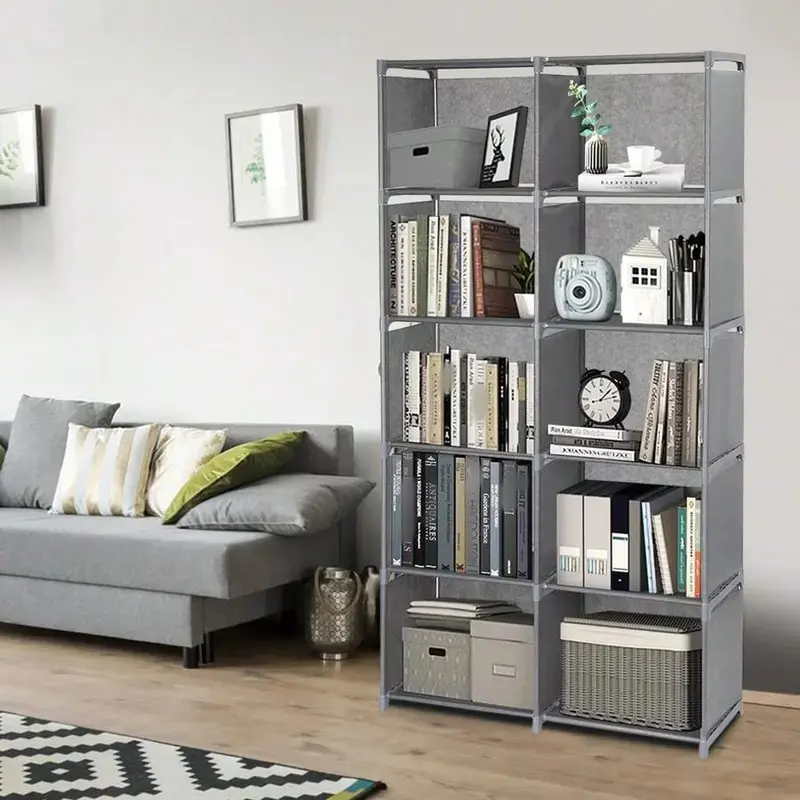 Modern Gray Bookshelf with 6 Shelves for Home Organization and Storage Solutions