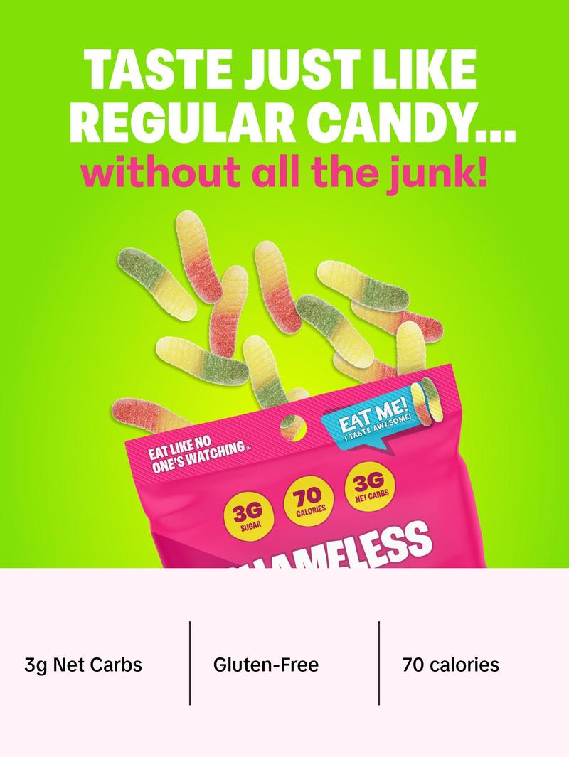 Super Wild Worms - Keto & Vegan Gummies (6 Bags), 3g Net Carbs, 3g Sugar, Gluten-Free, 70 calories per bag, healthy sweet snack Fruit Chews Candy