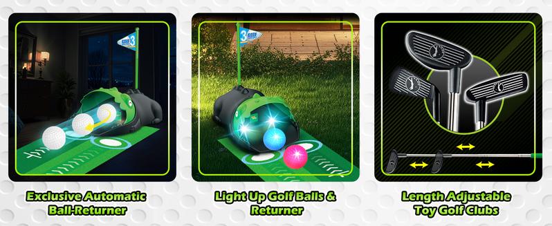 Kids Golf Set with Automatic Ball Return, LED Night Golf Balls, Putting Mat, Mini Golf Indoor/Outdoor Toy for Toddlers 3-6, Balance, Focus & Motor Skills