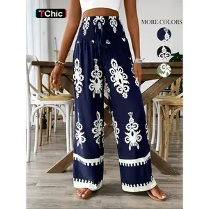 Women's Ethnic Pattern Shirred Tie Front Wide Leg Pants, Casual Street Pants, Boho High Waist Trousers for Daily Holiday Vacation Wear, Ladies Bottoms for All Seasons