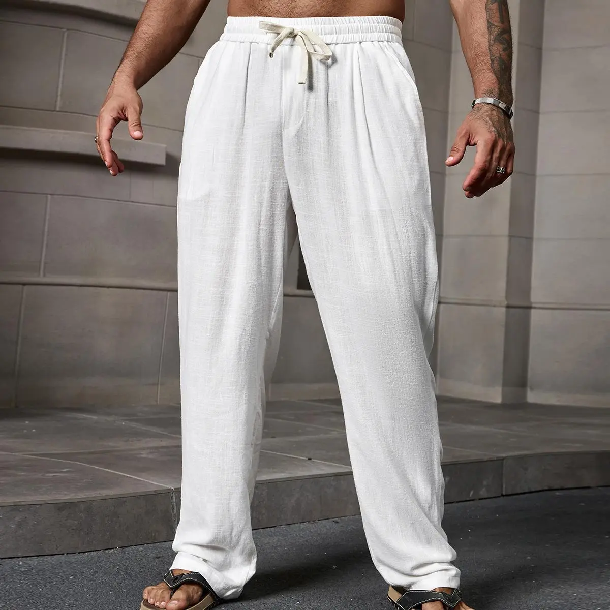 Men's Linen Blend Aesthetic Casual Draping Flowy Machine-Washable Pants - Lightweight Crinkled Breathable Wide-Leg Fabric, Multiple Solid Colors for Beach Days & All-Season Wear, Aesthetic Men's Pants, Casual Men's Pants