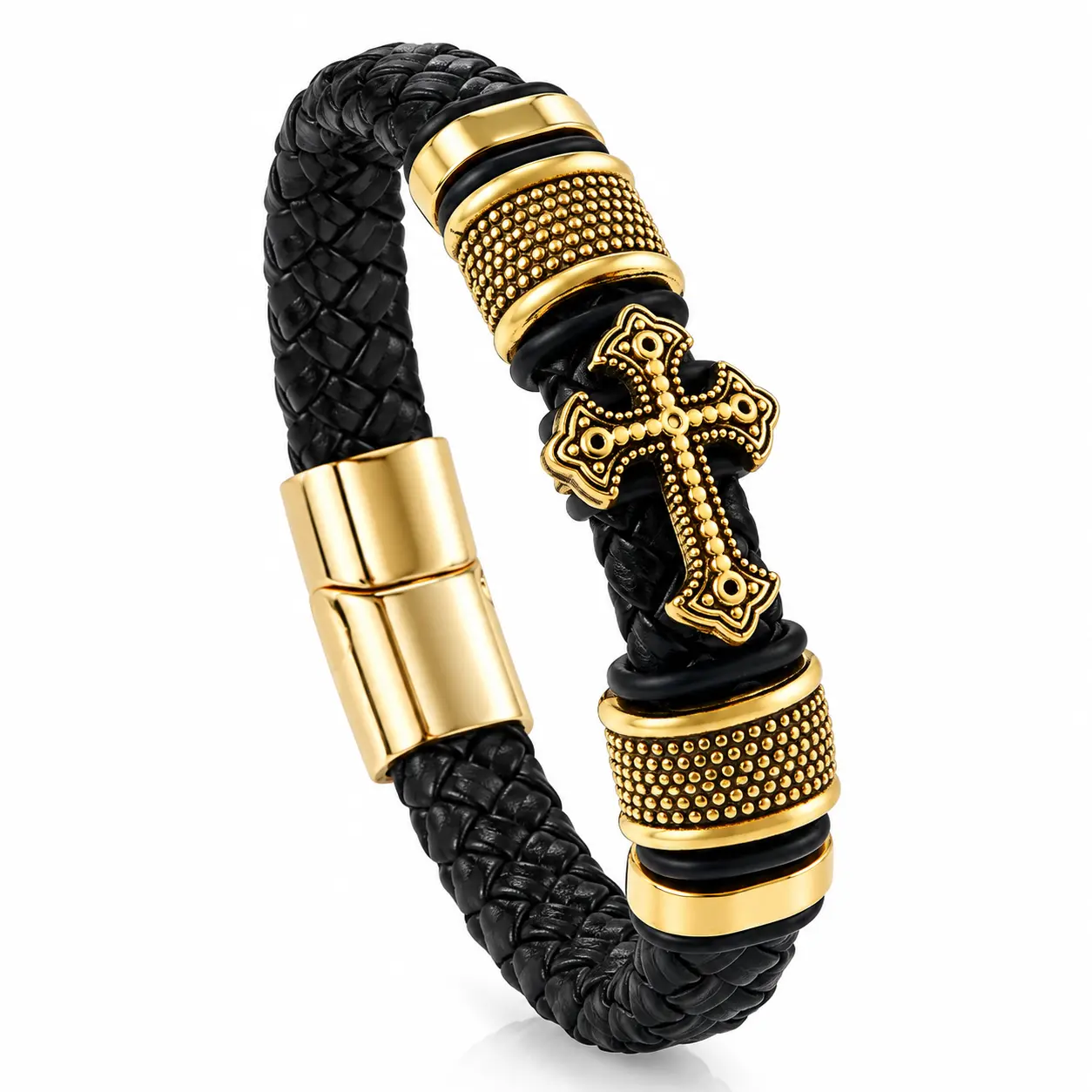 Men's Black Braided Leather Cross Bracelet, Gold Cross Charm Magnetic Buckle Wristband, Christian Religious Jewelry Gift for Him