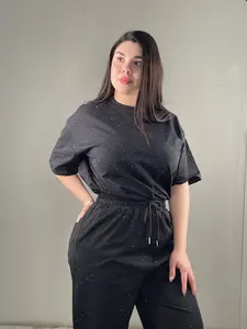 Dubai's All Black Rhinestone 2 Piece Pants Set - Oversized Top & Pants