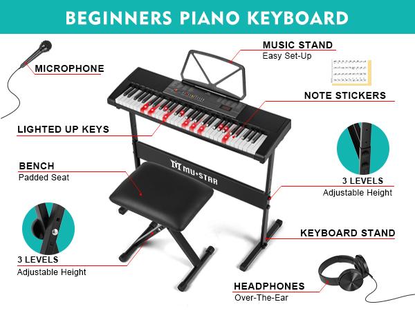 MUSTAR Piano Keyboard with Lighted Up Keys 61 Keys Electric Piano Keyboard for Beginners Includes Microphone Headphones and Bench Perfect for Learning