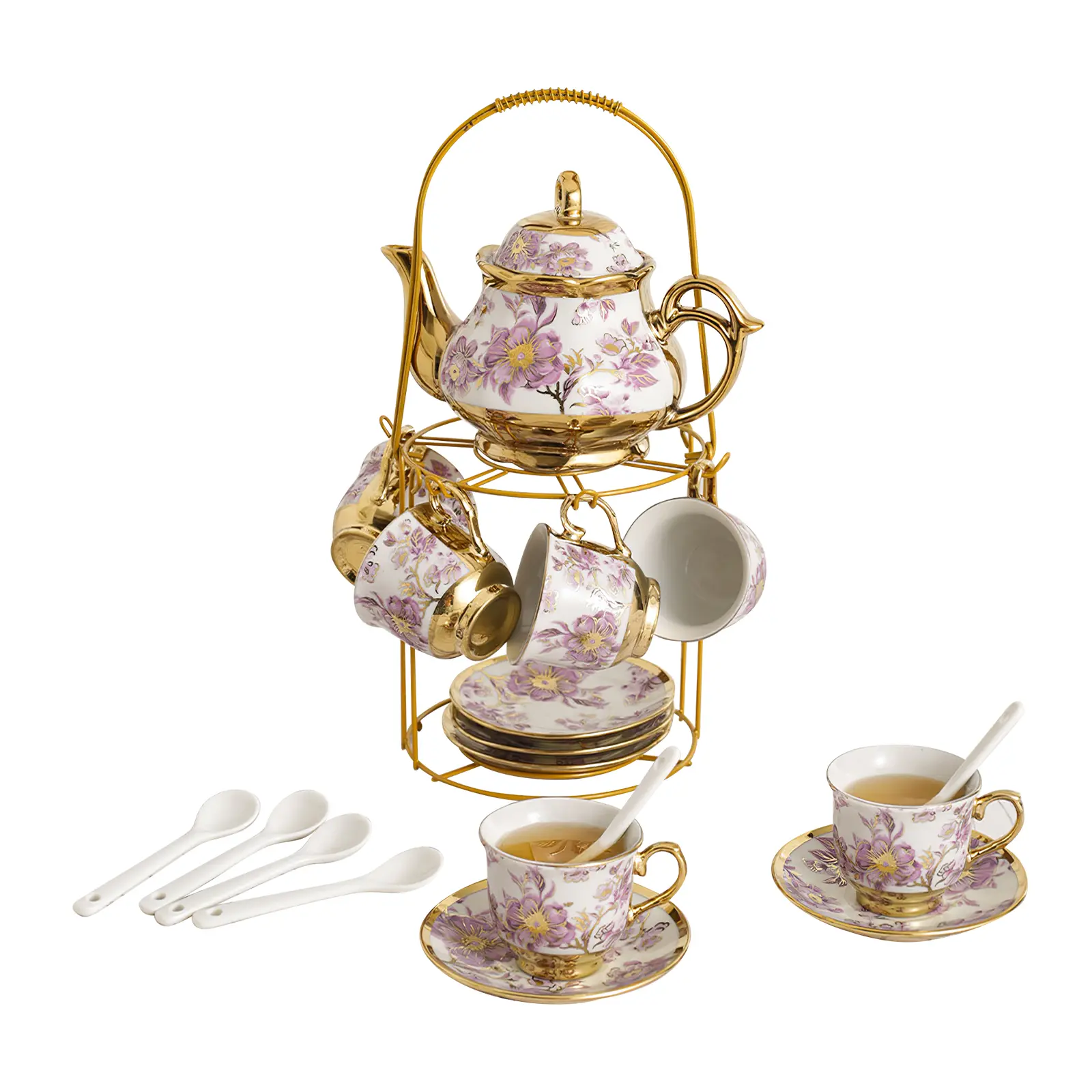 Glossy European Classic Ceramic Dinnerware Set - 20-Pack Tea & Coffee Pot Set with Purple Accents, Gold Shelf, 6 Plates, 6 Cups, Ideal for Tea Parties, Wedding Gifts, Dinnerware Sets