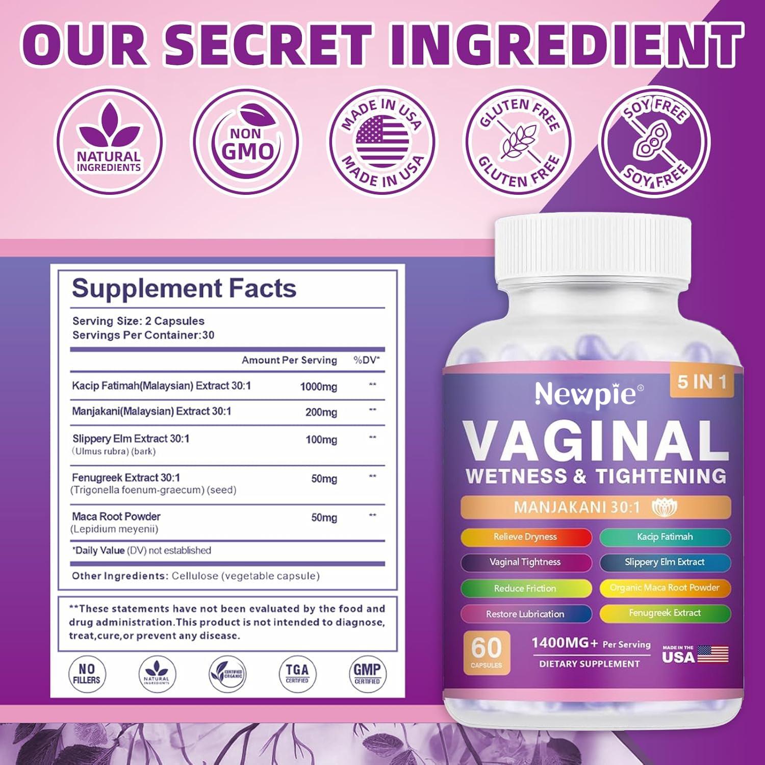 Vaginal Moisturizer Capsules, Female Vaginal Probiotics Wetness & Tightening Vaginal Wellness Supplement for Enhance Vaginal Muscle Tone & Vaginal Dryness- Vegan,  60 Capsules
