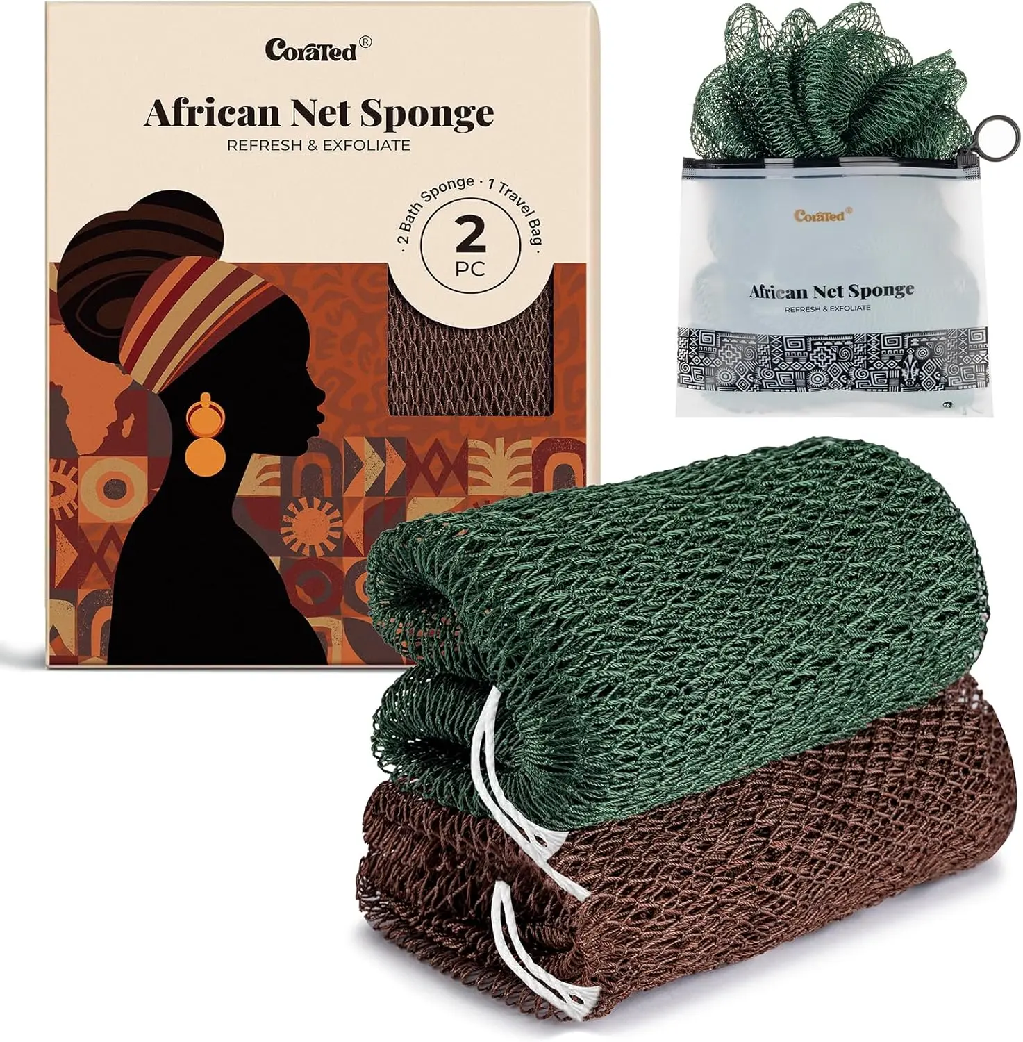 CORATED Authentic African Exfoliating Net Sponge- Ethically Sourced from Nigeria - Porous, Hygienic & Quick-Drying Exfoliating Bath Net