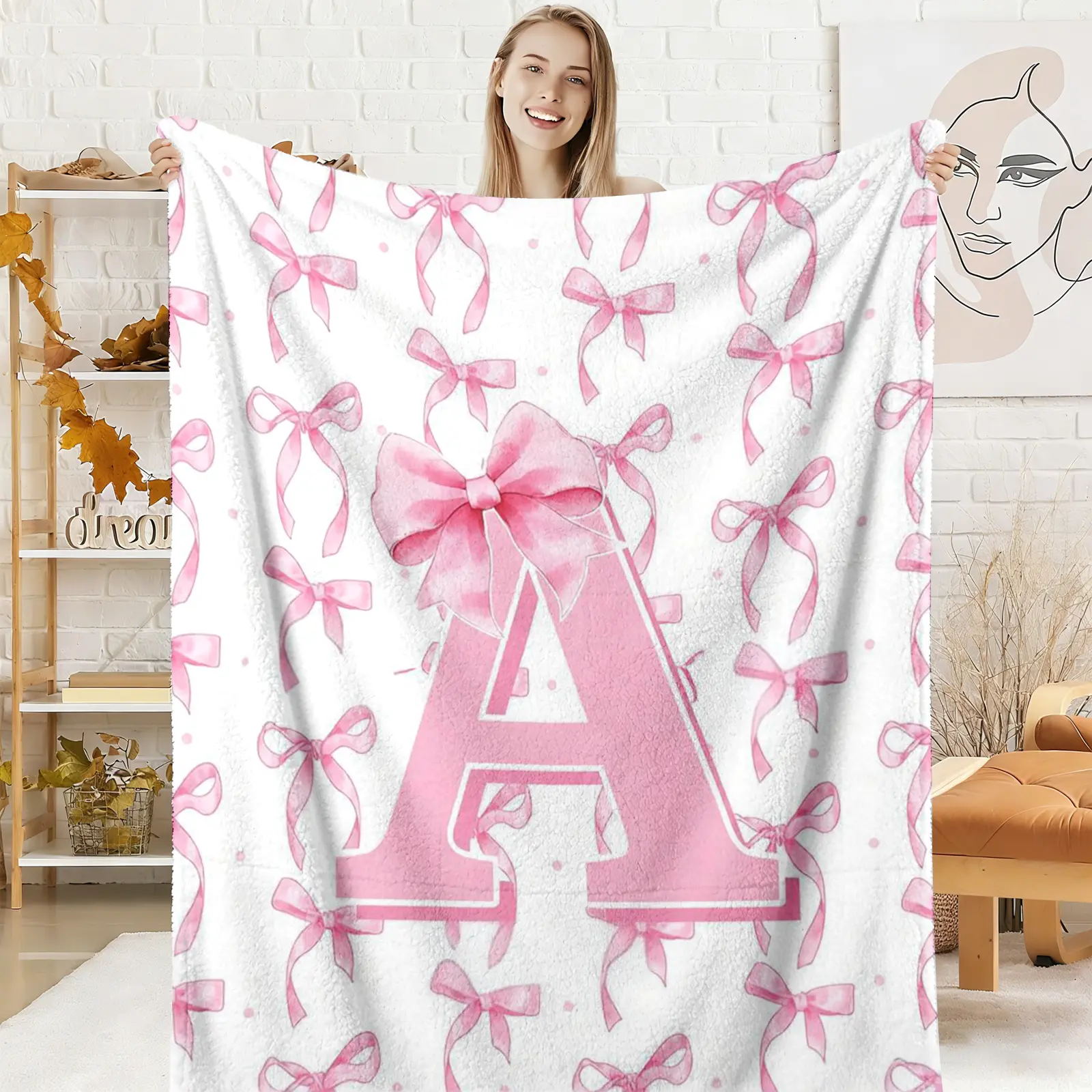 Initial Bow Monogram Flannel Throw Blanket - Pink Watercolor Coquette, Soft Warm, A-Z Design, Gifts for Women, Room Decor for Bedroom Couch, Alphabet Blanket, Bowknot Design Blanket