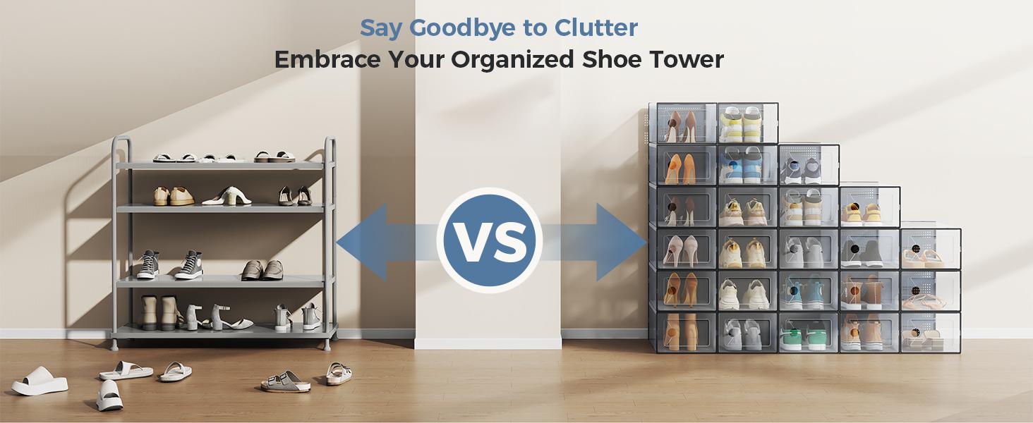 Stackable Shoe Storage Boxes, 12-Pack Plastic Shoe Organizers with Lids, Large Shoe Rack & Holder for Closet, Under Bed, Entryway, Sneaker Display and Storage Containers