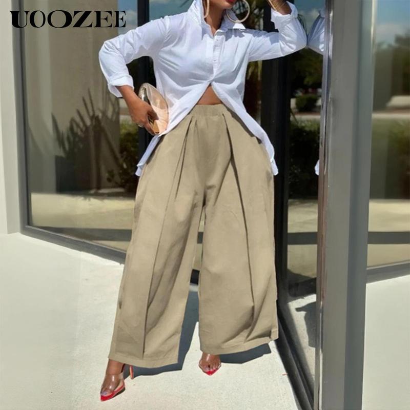 UOOZEE Women's Khaki Loose Multicolor Cropped&Long Trousers 100% Cotton Soft Summer&Autumn/Winter Comfortable Breathable Fabric Elastic Waistband Lantern Pants with Pockets Casual Style Bottoms Outfit Minimalist Spring Basic teacher outfits