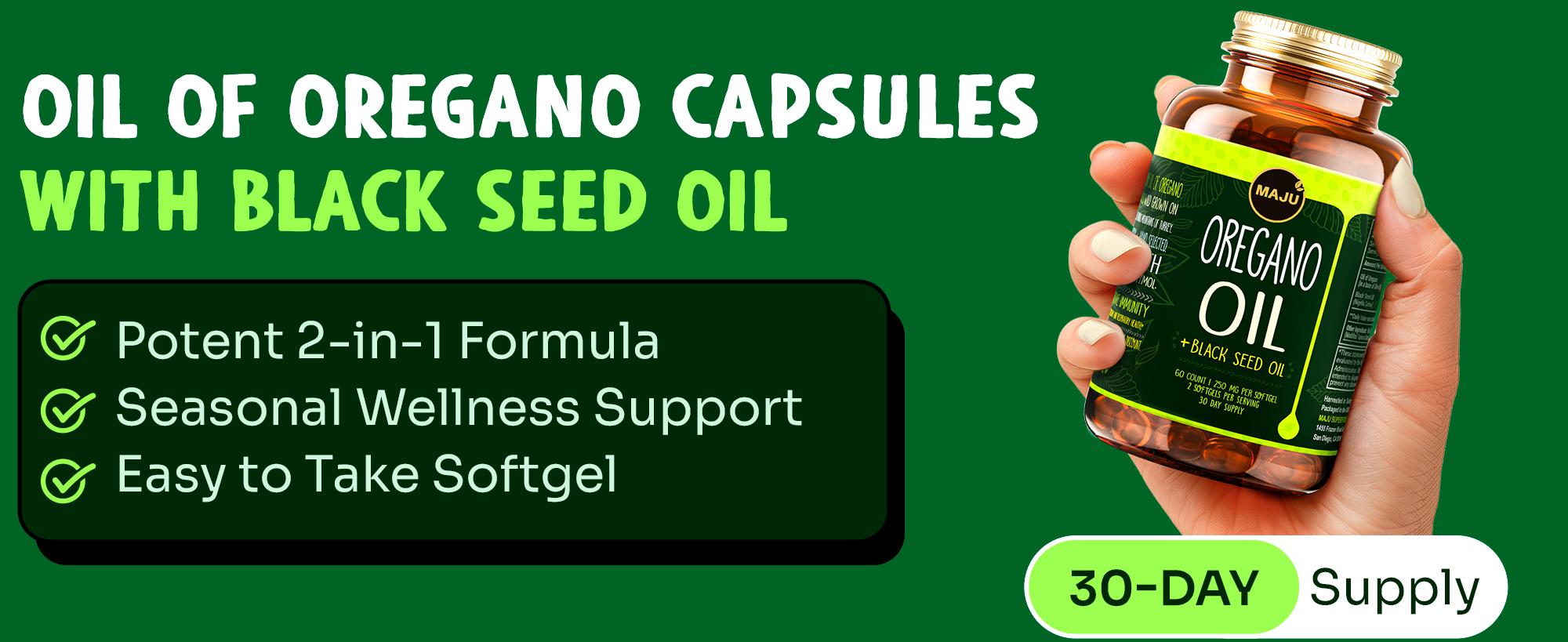 MAJU Oregano Oil Capsules (60ct) - 2-in-1 Blended Softgel, Oil of Oregano with Black Seed Oil, Edible Dietary Supplement for Seasonal Wellness, Immune Support, Minerals, Vitamins, Digestion Healthcare Fitness MAJU Oregano Oil Capsules (60ct) - 2-in-1 Blended Softgel, Oil of Oregano with Black Seed Oil, Edible Dietary Supplement for Seasonal Wellness, Immune Support, Minerals, Vitamins, Digestion Healthcare Fitness