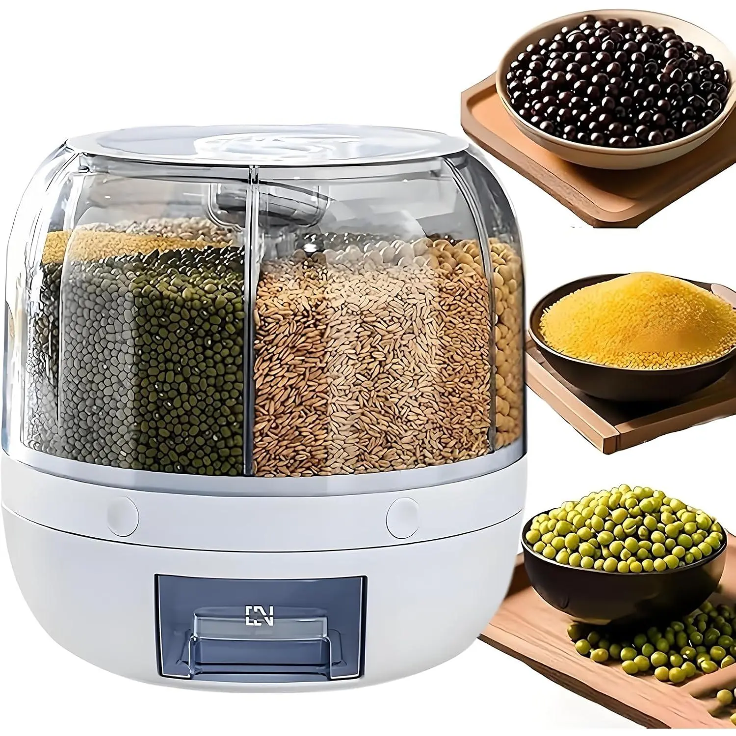 6-Grid Airtight Moisture-Proof Rotating Grain Bin, Large-Capacity Rice Container with Easy 1-Click Dispensing for Cupboard & Cabinet Storage Organization