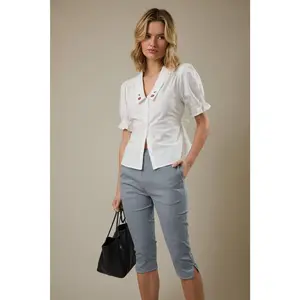 PUFF SLEEVE STRAWBERRY EMBO DETAILED BUTTON DOWN BLOUSE