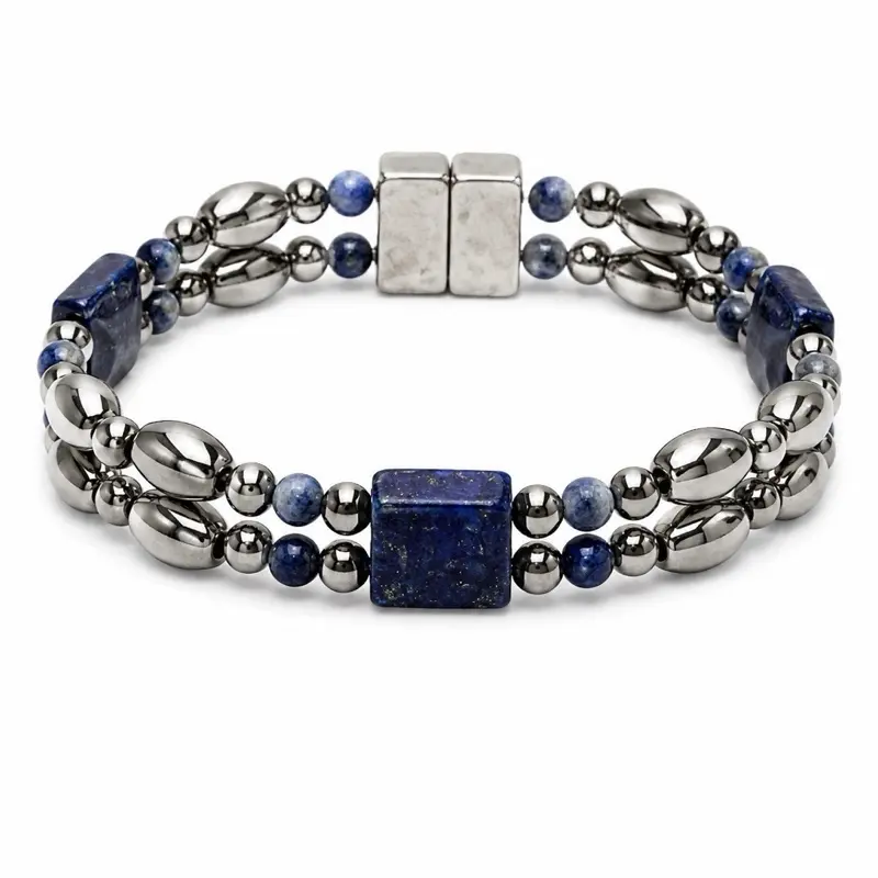 Silver Magnetic Hematite Bracelet with Blue Lapis Accents