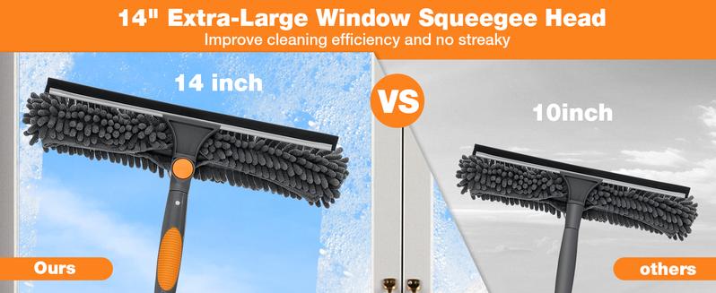 Adjustable Window Squeegee with 5-20ft Telescopic Pole 14" Oversized Head 2-in-1 Cleaning Kit for High Windows Glass RV Orange
