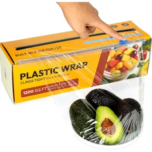 Plastic Wrap with Removable Slide Cutter – 12” x 1200 sq. ft. Clear Food Film Roll, Thick & Durable Stretch Wrap for Daily & Commercial Use