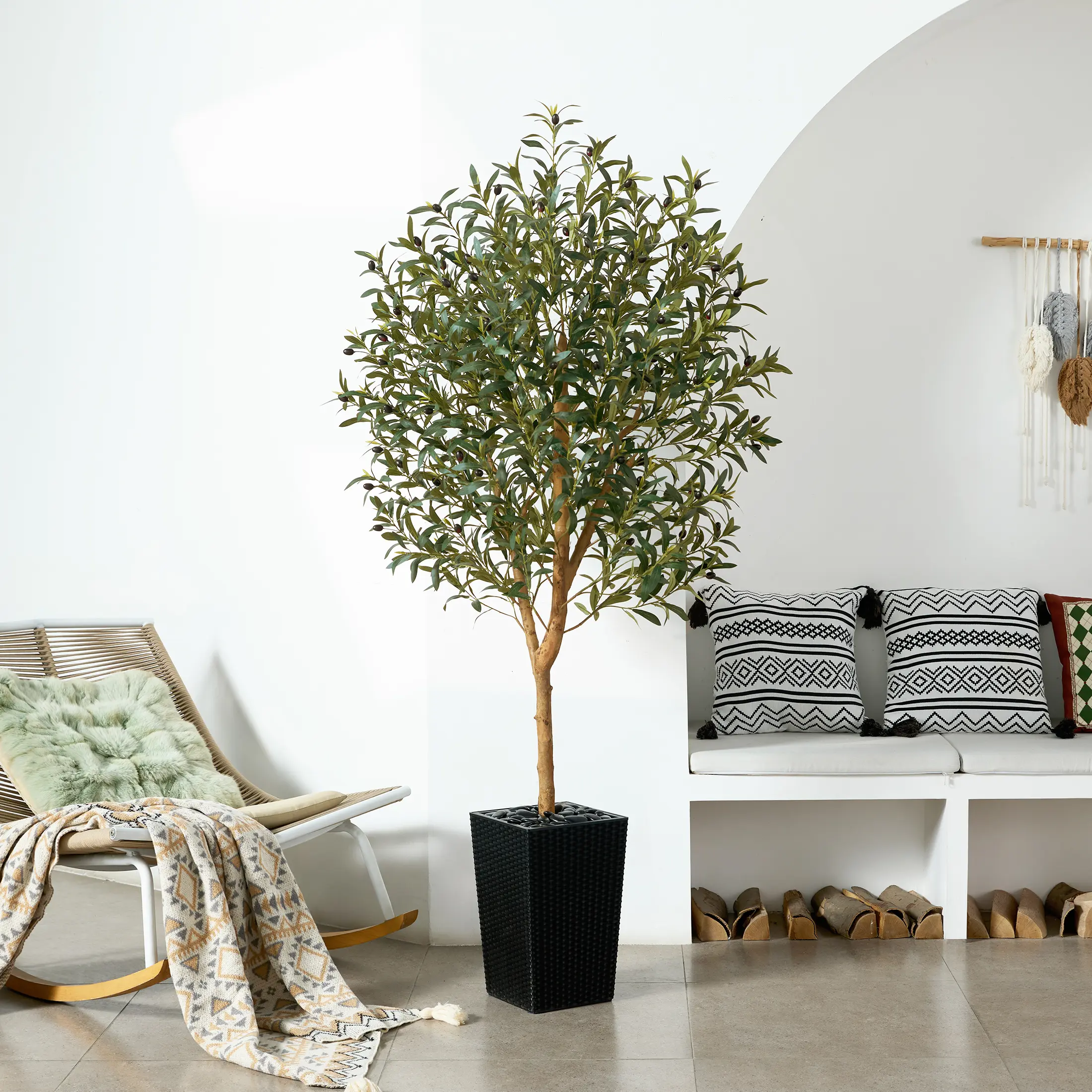 DR.Planzen 6FT UV Resistant Artificial Olive Tree with Natural Wood Branches & Realistic Silk Leaves – Faux Olive Tree for Indoor Outdoor Decor with Black Planter & Pebbles