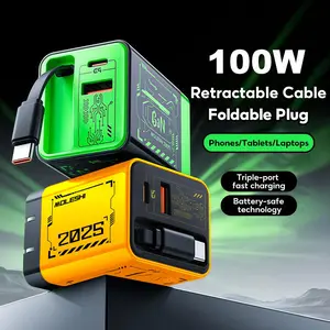 3-in-1 GaN 100W Fast Charger, Compatible with Retractable USB-C Cable  & USB-A port & USB-C port - Fast Charging for iPhone, Samsung, Gaming, Travel & Office - Universal Compact Travel Charger