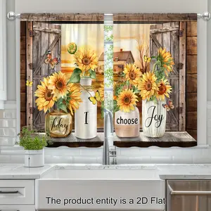 2pcs 2D Flat Watercolor Kitchen Curtains Featuring a Rustic Vase with Sunflowers, Perfect for a Farmhouse Cafe Style in Your Living Room, Bedroom, Or Office Decor