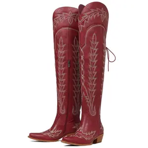 EROCALLI Womens Western Thigh Knee High Cowboy Boots Wide Calf Adjustable Straps  Chic Pointy Toe Block Heel Embroidery Over Knee Western Boots Shoes over Knee High Embroidery Cowgirl Boots