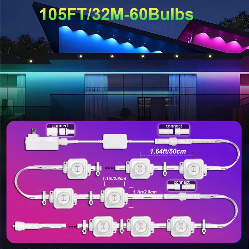 105ft/164ft 16 Million Colors IP67 Waterproof Smart Color Lights 63 Modes TUYA App Voice Control Music Sync Timer for Eaves Walls Pools Lawns Paths Fence 105ft/164ft 16 Million Colors IP67 Waterproof Smart Color Lights 63 Modes TUYA App Voice Control Music Sync Timer for Eaves Walls Pools Lawns Paths Fence