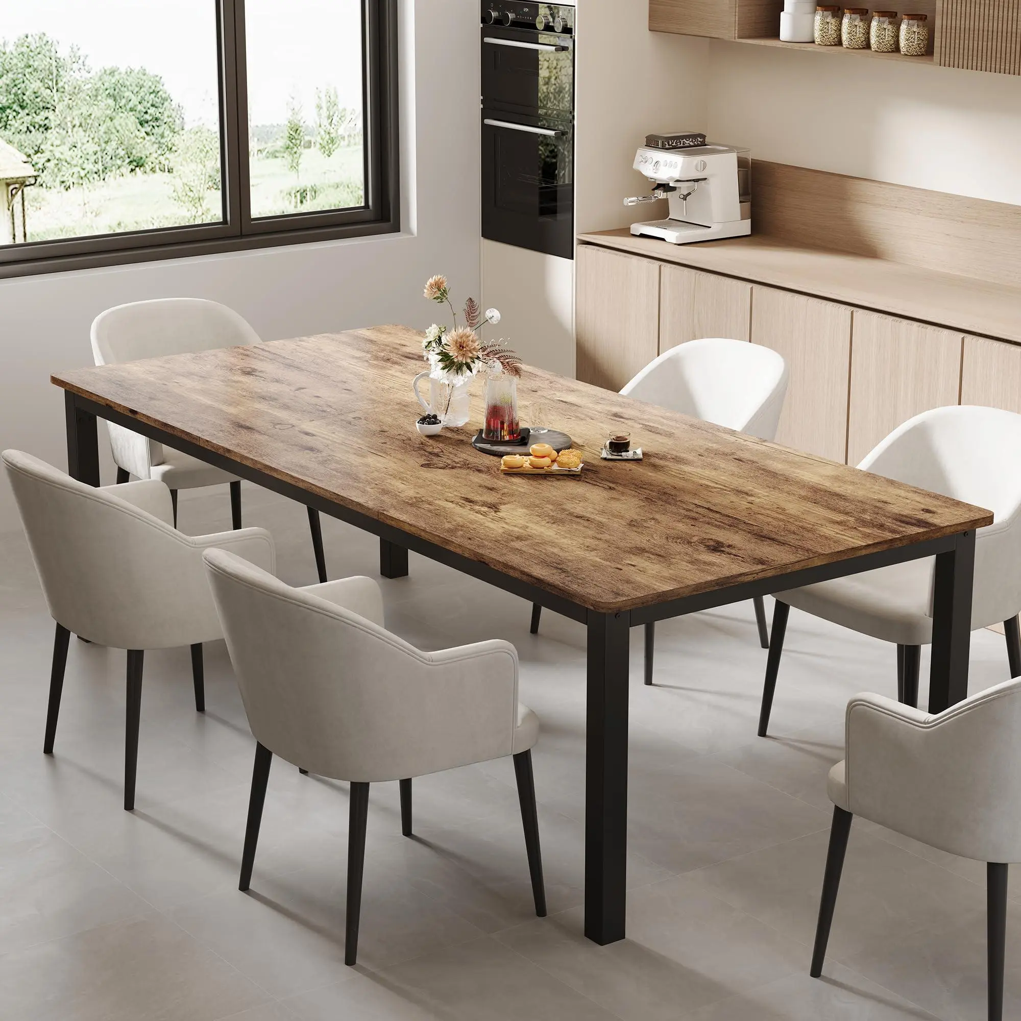 70.8 in Industrial Dining Table for 6, Wooden Long Dinner Table with Mortise Tenon Design, Kitchen Table with Sturdy Metal Legs,for Dining Room,Retro