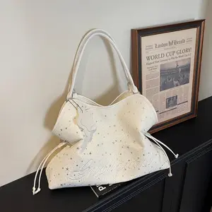 2026 AW New Collection | Trendy Star Print Slouchy Bag Large Capacity Side Drawstring Shoulder Tote with Star Charm