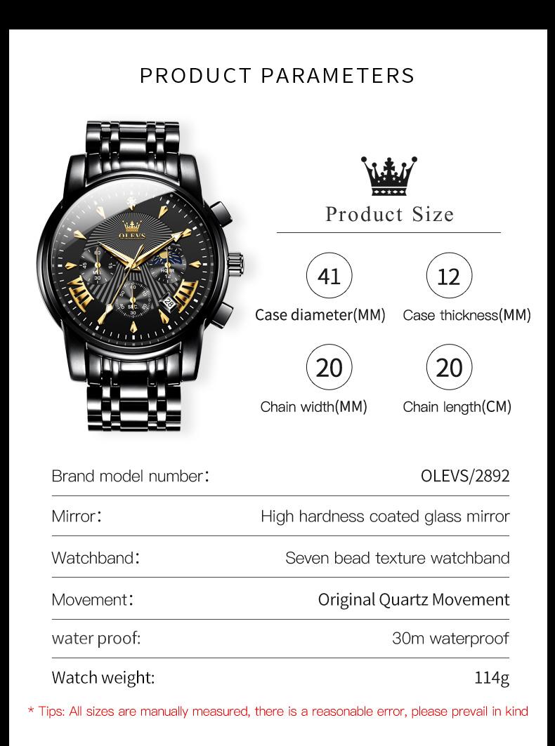 OLEVS Men's Chronograph Quartz Watch G2859 Stainless Steel Waterproof Luminous Date with Luminous Hands, 41 mm Diameter, 20 mm Band Length Casual Trendy Wristwatch