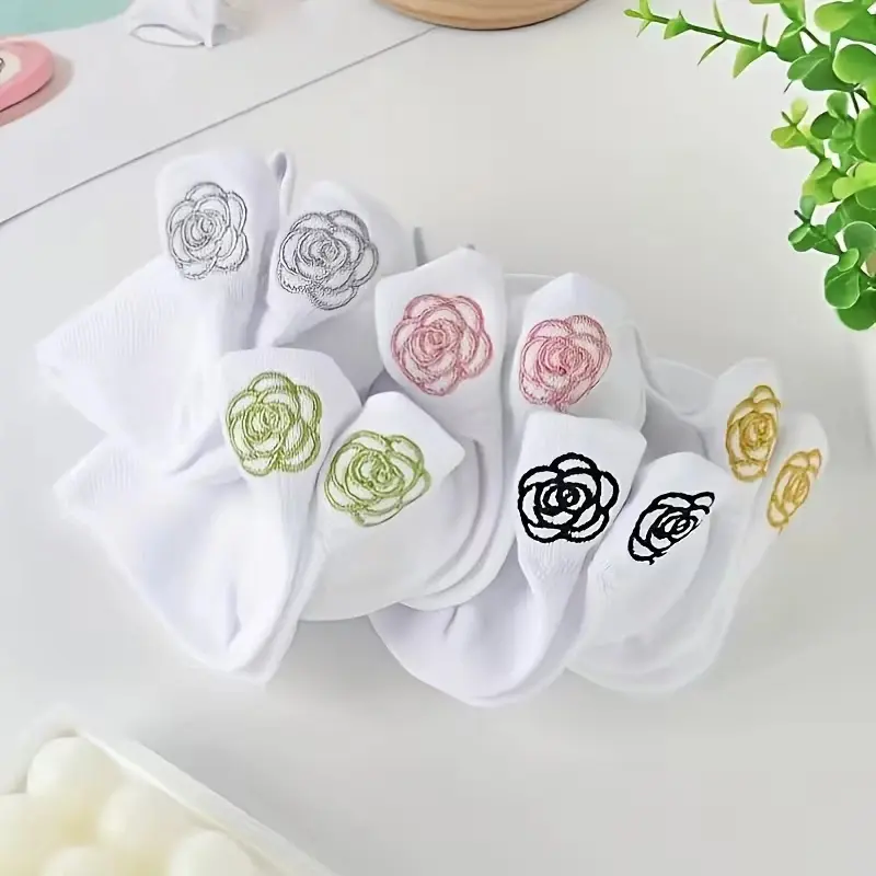 Women's White Embroidered Drawstring Ankle-Length Underwear Socks - 10 Pairs, Cute, Breathable Mesh, All Seasons, Comfortable, Versatile