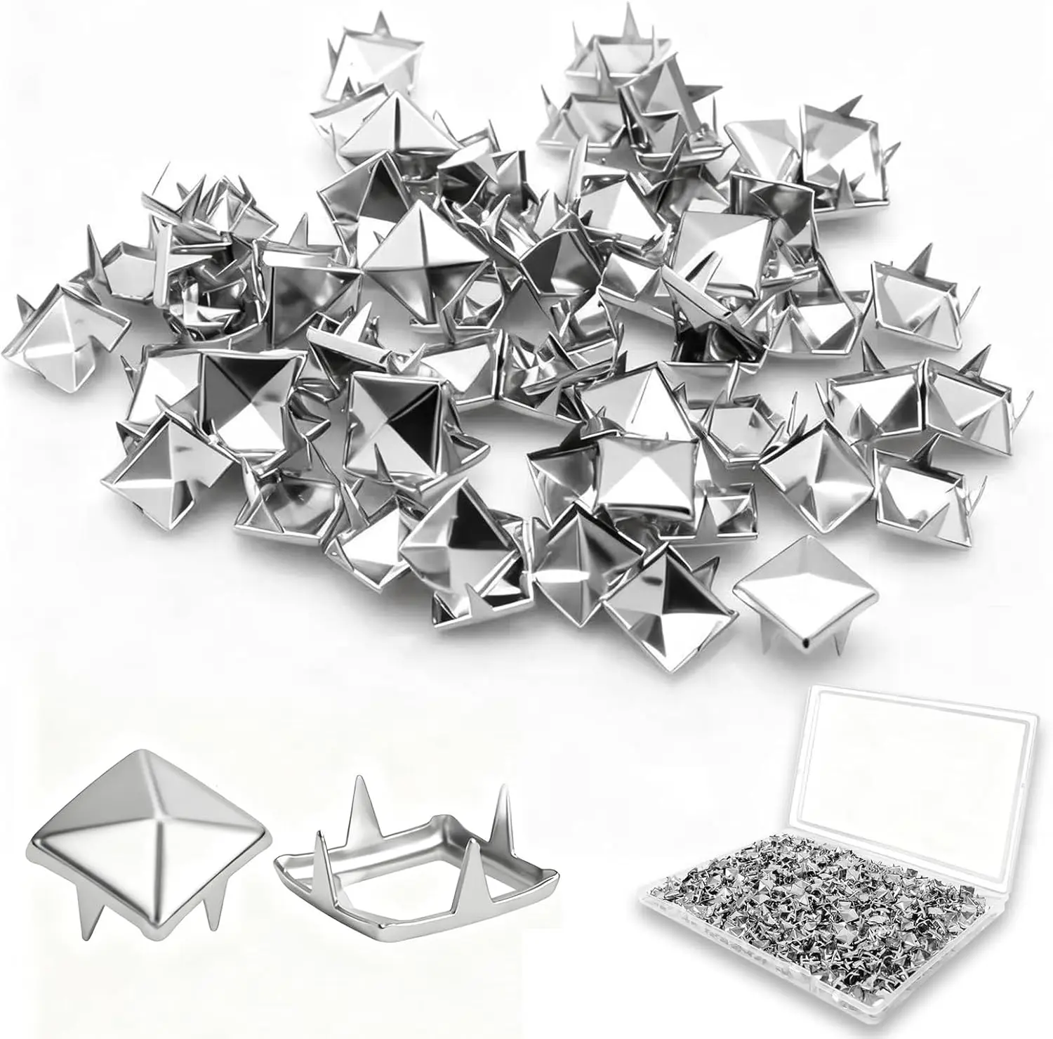 500PCS 10mm Silver Metal 4-Prong Square Pyramid Studs - Punk Style Crafting Sewing Accessories, Bold Easy-Install Durable Rivets for Leather Items, Clothing Decoration