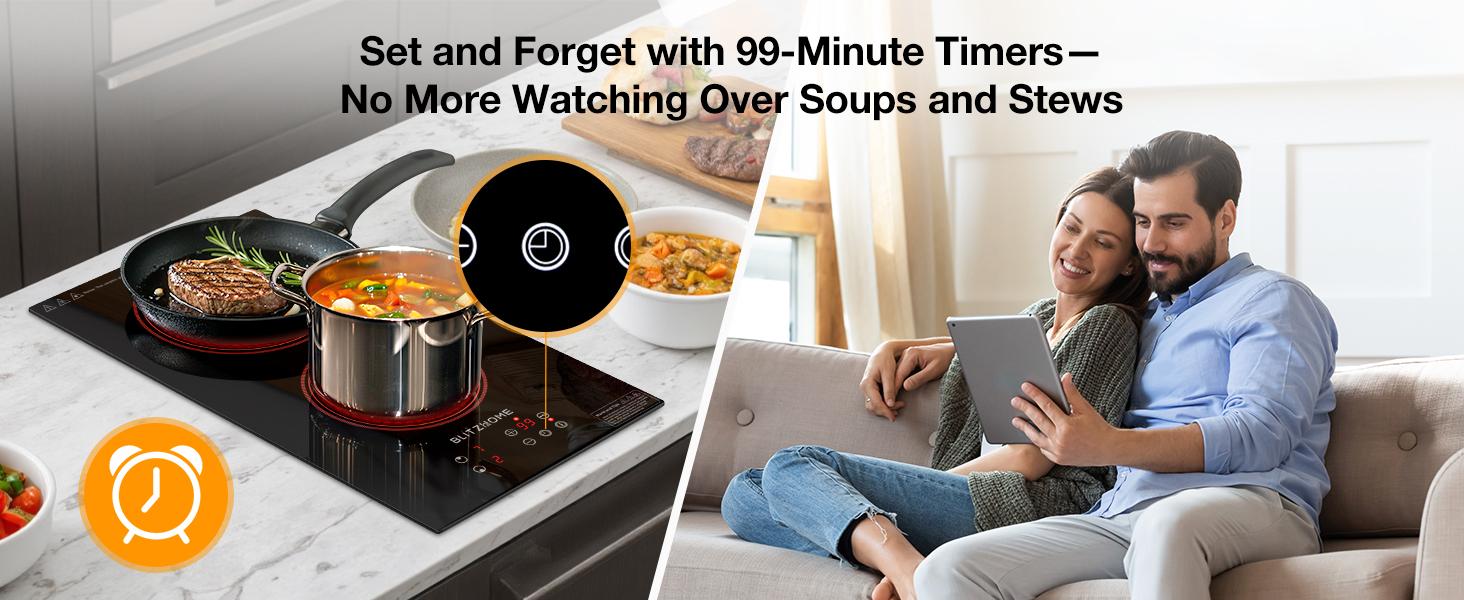 Electric Stove Top 2 Burner, 12inch Electric Cooktop, Built-in Ceramic Cooktop with 9 Power Levels/Timer/Child Safety Lock/Touch Control/Overheat Protection, 220-240V, Hard Wire, No Plug