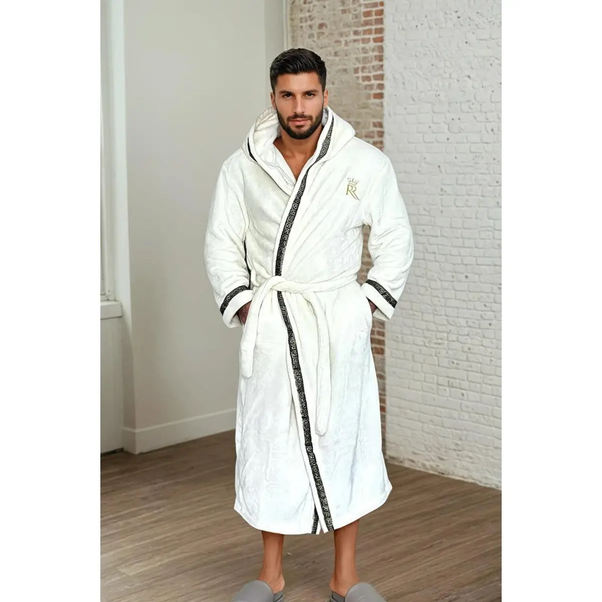 Royalty Robes White Men's Soft Fleece Hooded Robe, Long Sleeve Loungewear with Gold Greek Key Trim, Pockets & Tie Belt, Casual, Classic Fitted, Long Sleeves