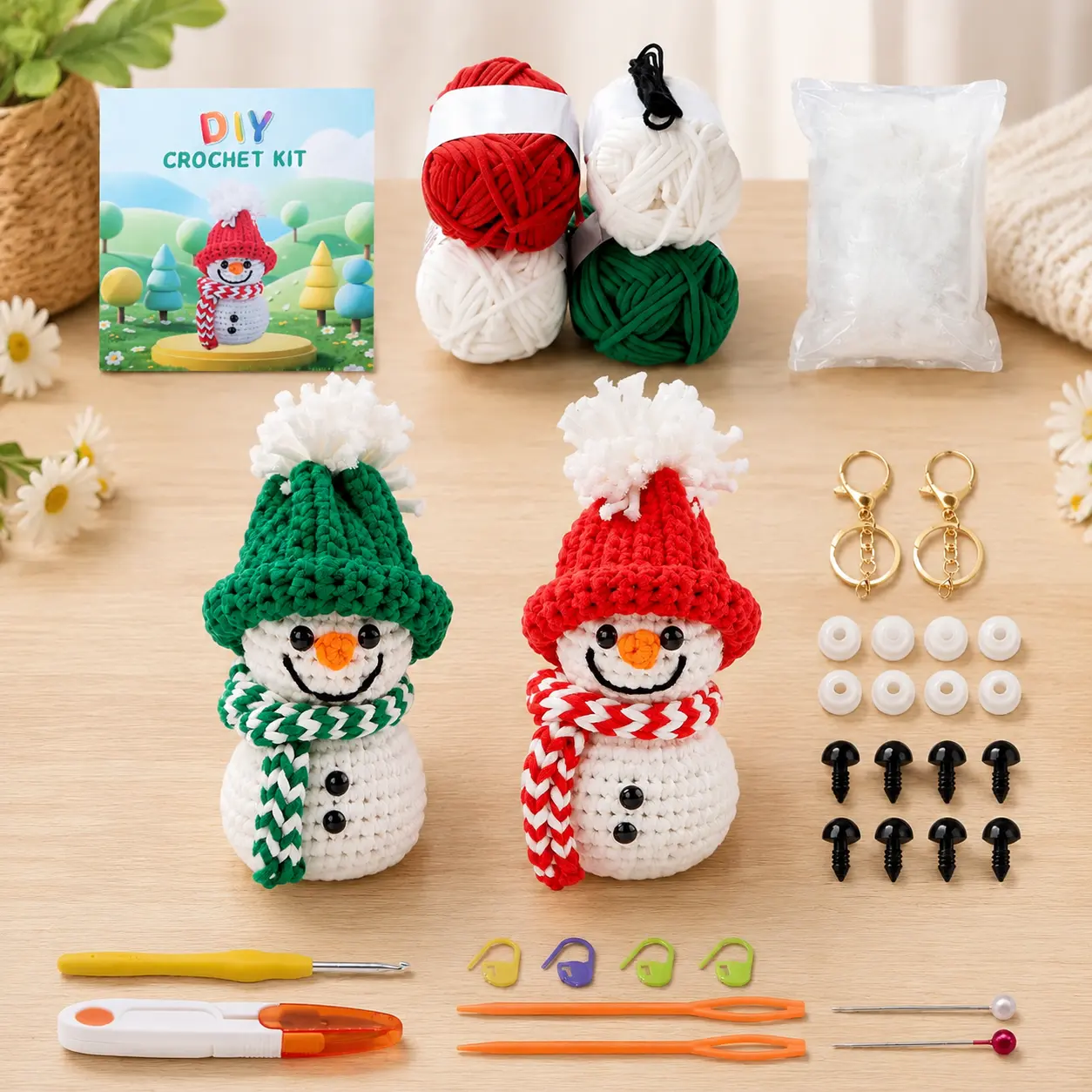 DAZUINIAO Cute Snowman DIY Plush Craft Kit for Beginners (2-Pack) - Includes Yarn, Crochet Hook, Easy Video Tutorials | New Hobby Starter, Crochet Projects, Handmade Gift, Handmade Crochet Gift Crochet Supplies Kit Crochet Items