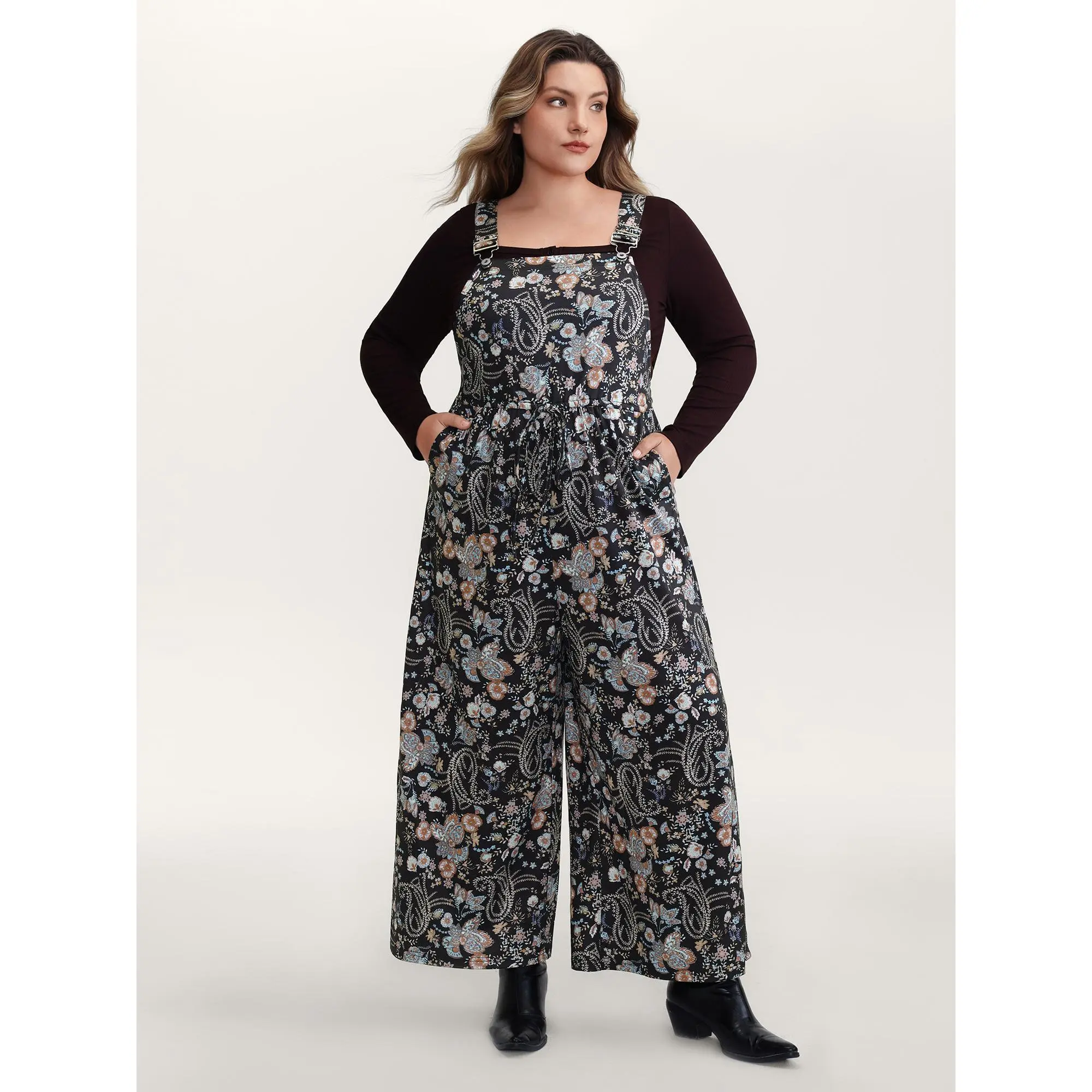 BloomChic Plus Size Floral Paisley Jumpsuit - Sleeveless Wide-Leg Polyester Blend Summer Garment with Pockets, Flower, Overalls, Fabric, Wide Legs, Casual, Do Not Tumble Dry, Hand Wash Only, Spandex, Paisley Print, Fit, Slant Pockets