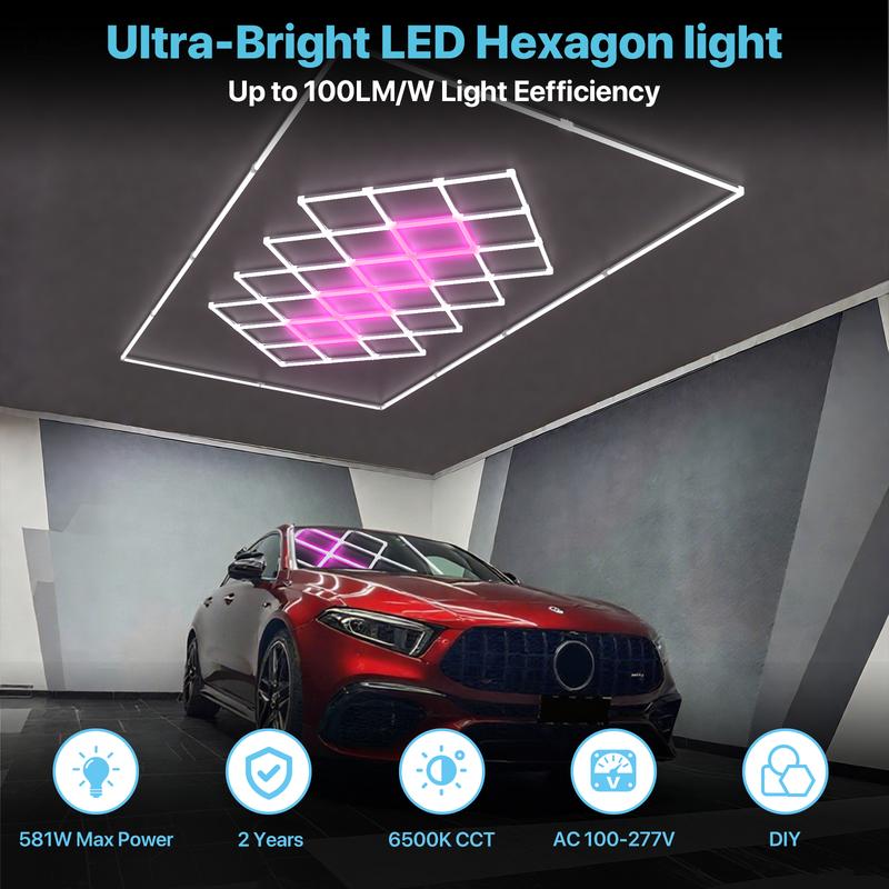 HYPERLITE Color Glow, Garage Lights, Honeycomb Design, Rectangle Frame Modular Lighting, LED Ceiling Light, 568W-624W 56800LM-62400LM, 6500K Bright White, for Garages, Workshops, Gyms, Studios,  Barber Shops, Decorative Spaces，Jumpstart newyear