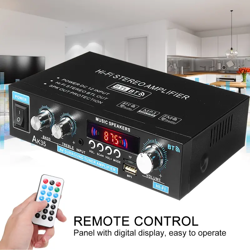 [tiktokshopstockup] AK-35/S-299 Bluetooth 5.0 Hi-Fi External Amplifier Module, 2/4-Channel 30W/45W Mini Stereo Amplifier with 200W Peak Power, DC/AC Compatibility, Bass & Treble Control, AUX, USB, SD Card Inputs, Plug, Radio & Remote Control