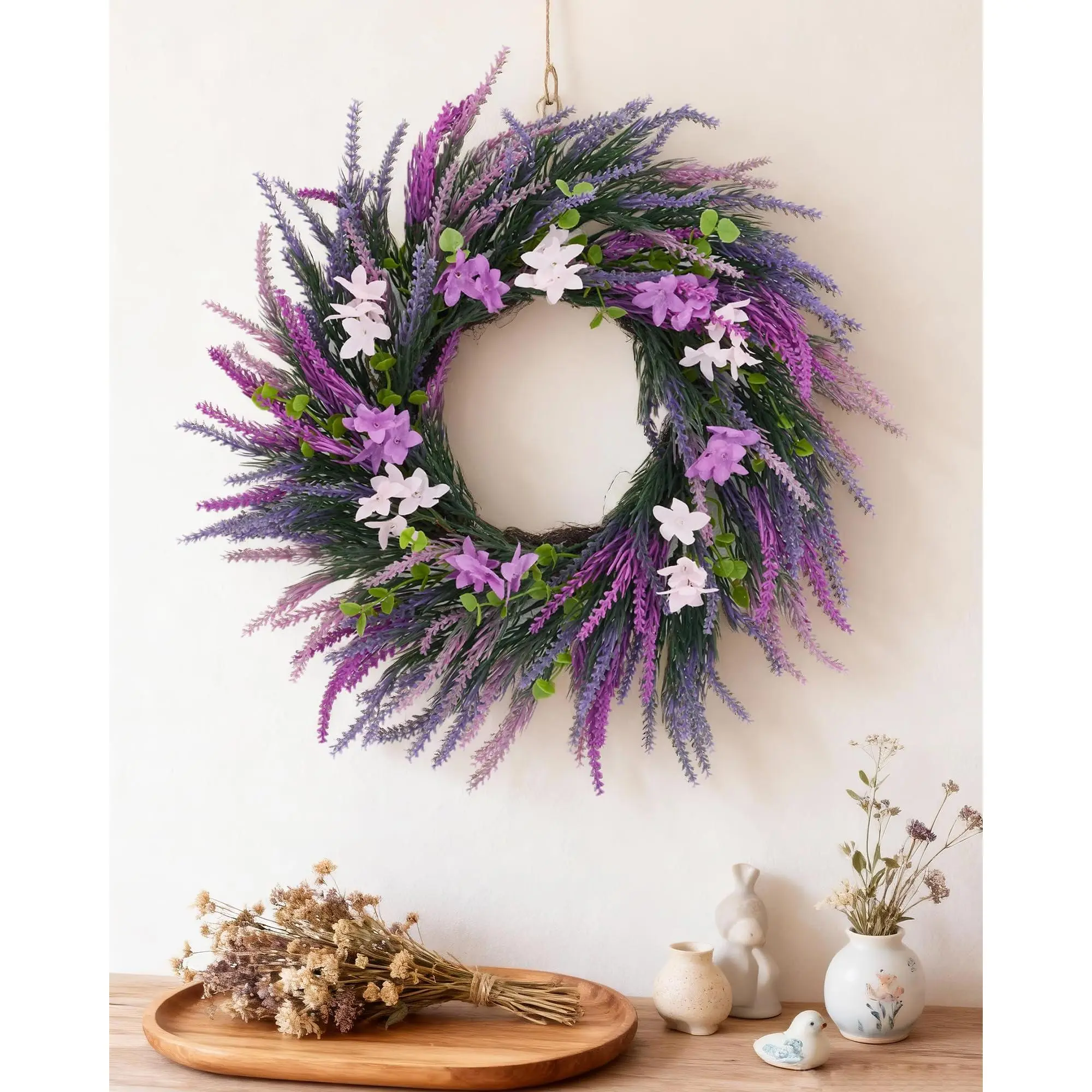20-Inch PVC+PE Non-Toxic Waterproof Washable Artificial Purple Lavender Bloom Wreath, Farmhouse Bohemian Decor for Doors, Home Accent, Ideal Housewarming Gift, Room Decor
