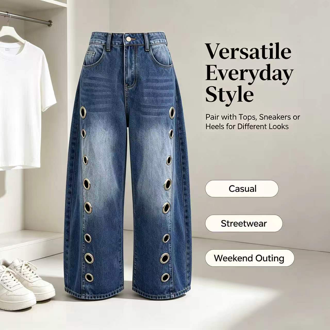 UOOZEE Women's Fall Jeans 2026 Graphic Eyelet Jeans, High-Waist Baggy Wide Leg Statement Denim Bottoms for Festival Looks,back to school shopping, Cropped