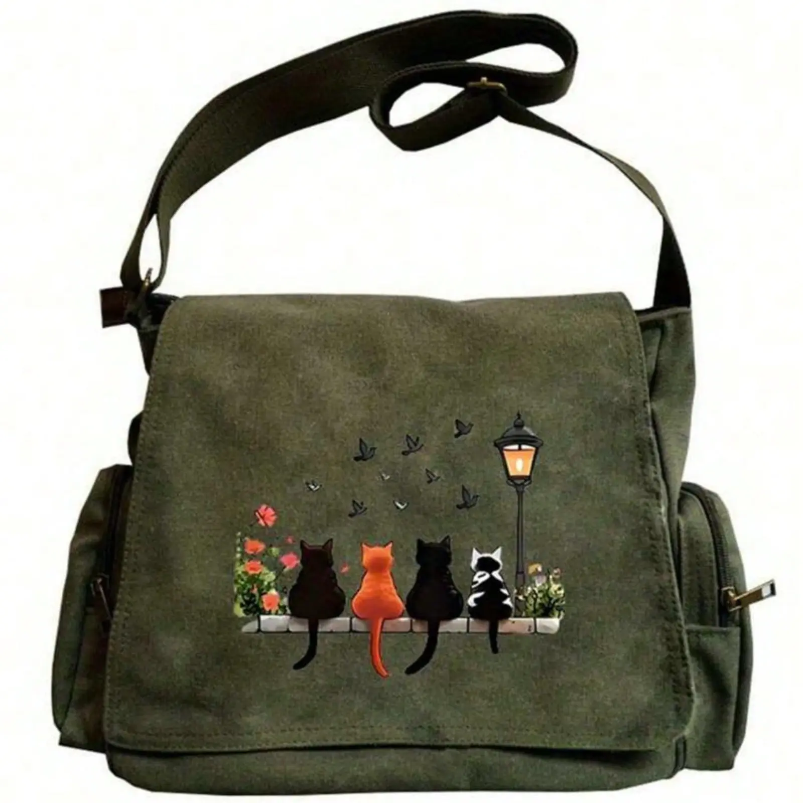 Large Capacity Cute Back to School Shoulder Bag, Flap Vintage Tote Messenger Bag, 4 Cats Sitting On Stone Table Pattern Crossbody Bag, Laptop Bag, Suitable for Various Occasions Like Shopping, Travel, Dining, Perfect Gift for Pet Lovers