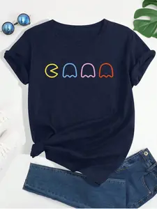 Women's T-Shirt With Geometric Print, Crew Neck, Short Sleeves, Casual Style, Suitable For Summer