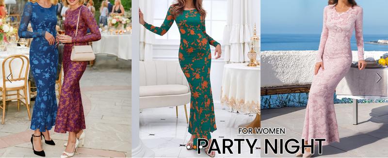 MEROKEETY Women's Fall Cocktail Formal Wedding Guest Dress Long Sleeve Maxi Bodycon Floral Mesh Winter Party Dresses