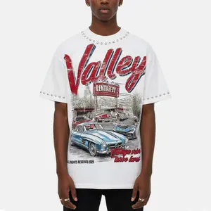 Sopula Studio Men's Vintage Valley Car Pattern T-Shirt - Quick-drying cotton round neck - Bead-studded streetwear casual short sleeve