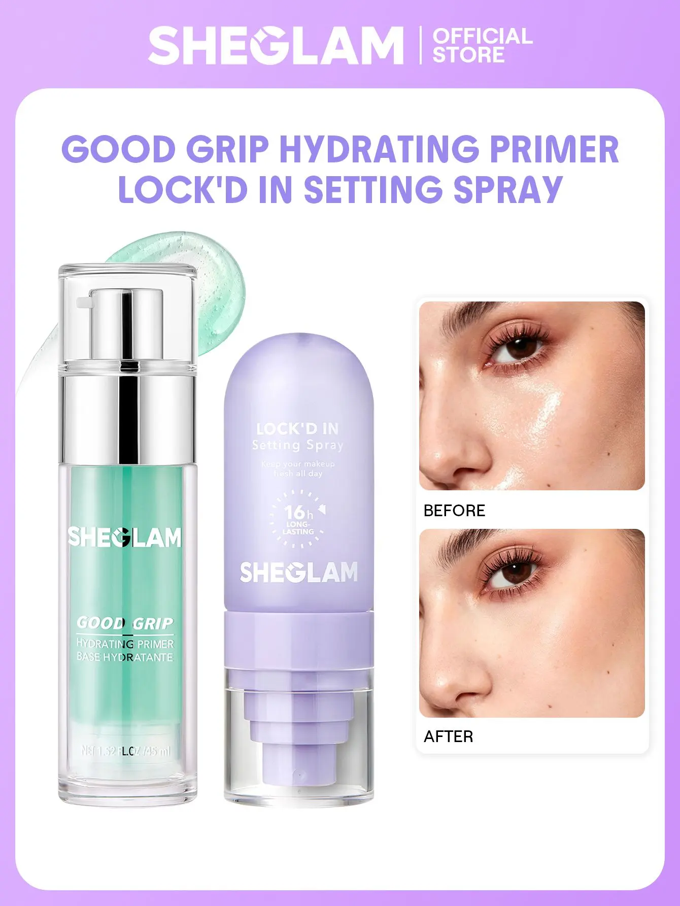 【FREE SHIPPING】SHEGLAM Good Grip Hydrating Primer Lock'd In Setting Spray Long Lasting Dewy Finish Face Makeup 2 Pieces Set