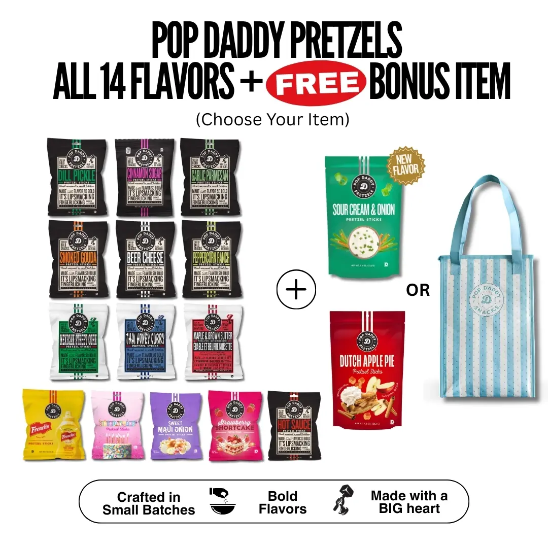 Pop Daddy Pretzels 14 Flavor Variety Pack + Free Bonus Item - Choose Dutch Apple Pie, Sour Cream & Onion, or Cooler Bag