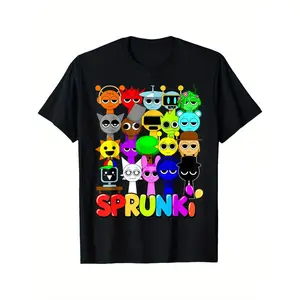 Sprunki Youngsters' Colorful Cartoon Character Cotton T-Shirt - Breathable & Moisture-Wicking, Crew Neck Short Sleeve |           Casual Streetwear Fashion for Boys & Girls, Fun Graphic Design, Comfortable Top, Youngsters Streetwear |         Vibrant Youn
