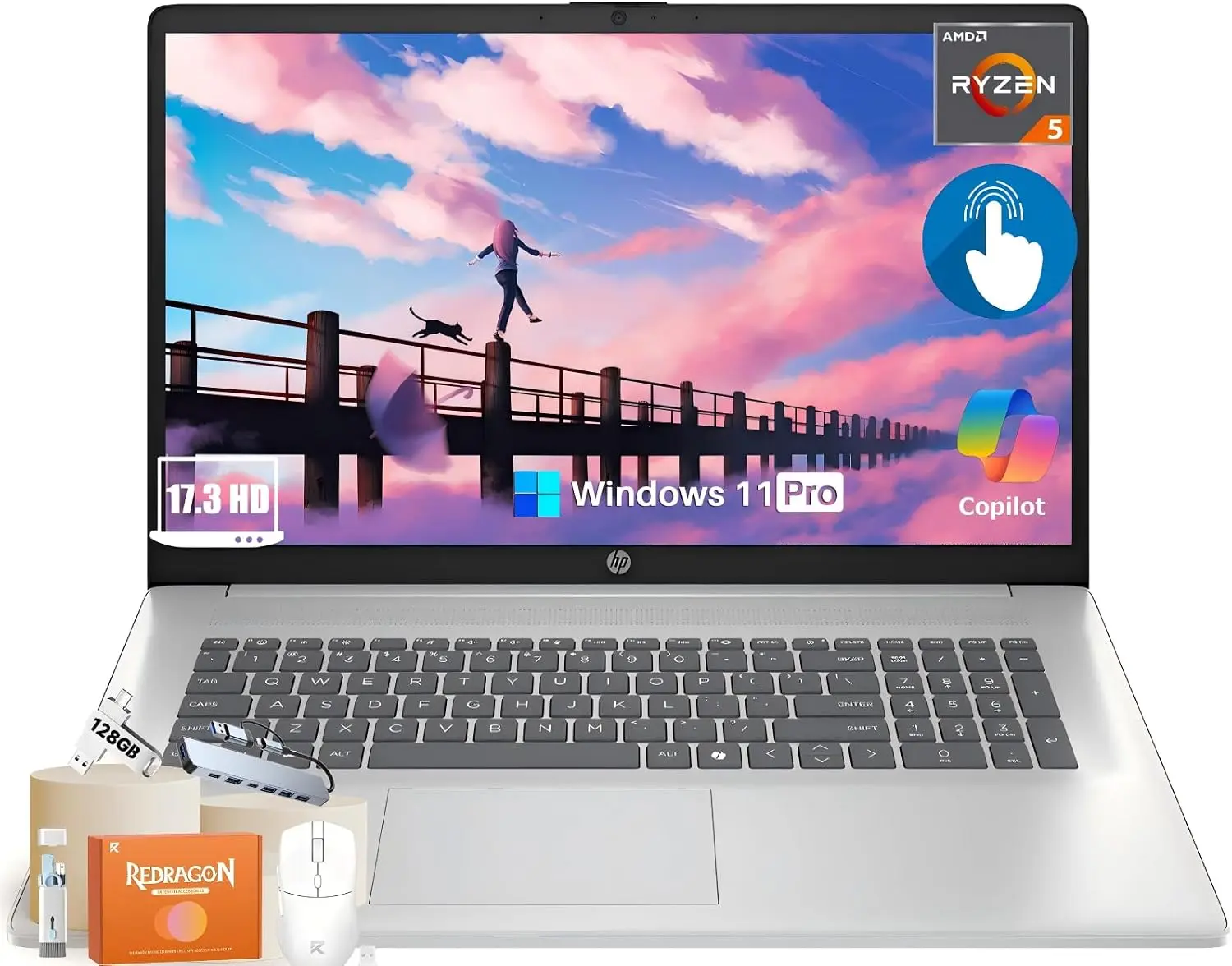 HP 17.3-Inch Touchscreen Business Laptop, AMD Ryzen 5 7430U (Outperforms i7-1355U), 16GB RAM, 1TB SSD, HD+ Anti-Glare Display, Windows 11 Pro, Built-In Copilot & Webcam, Wi-Fi 6, BT 5.4, Fast Charge, Laptops