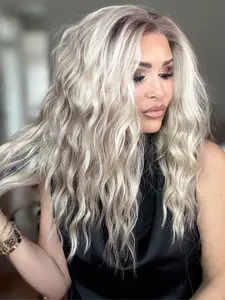 MACA BAKA Stella Ash Blonde Ombre Highlight Water Wave Lace Front Wigs with Scandinavian Hairline 16 Inches Medium Length Low Density Mixed Ash Brown Light Blonde HD Synthetic Lace Front Wigs for Women Pre Plucked